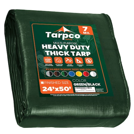 Tarpco Safety Heavy Duty Tarp, 50 ft L x 0.5 mm H x 24 ft W, 7 Mil, Green/Black, Polyethylene TS-203-24X50